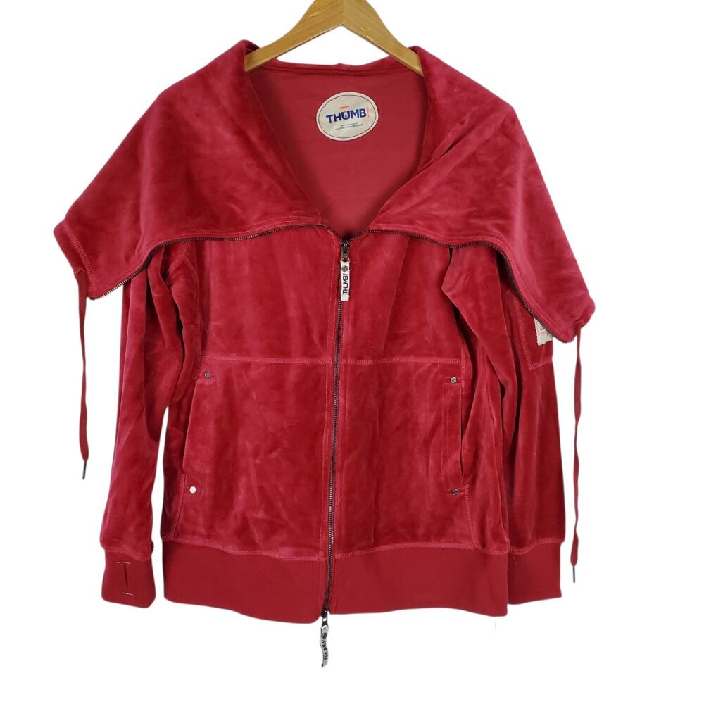 NEW Thumb United Sadiya Velour Zip Up Hoodie Sz L Scarlett Red Slim Fit Pockets